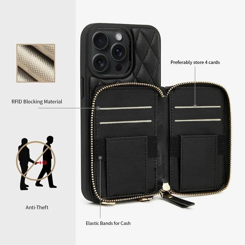 Lameeku iPhone 13 Pro Max Wallet Case Black Quilted Crossbody RFID New